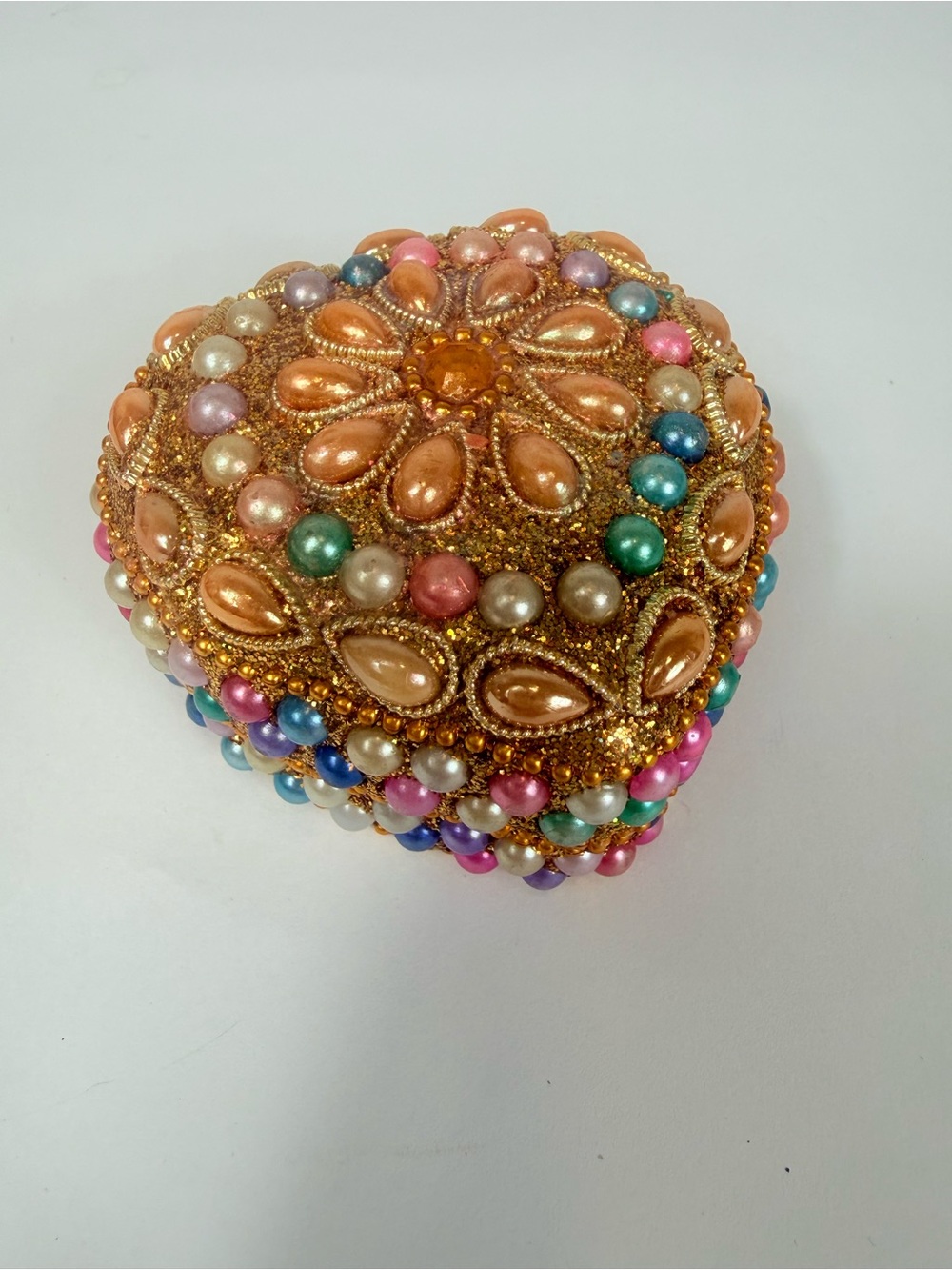 Heart Shaped Trinket Box Gold Tone Metal Base Embellished Beads Rhinestones